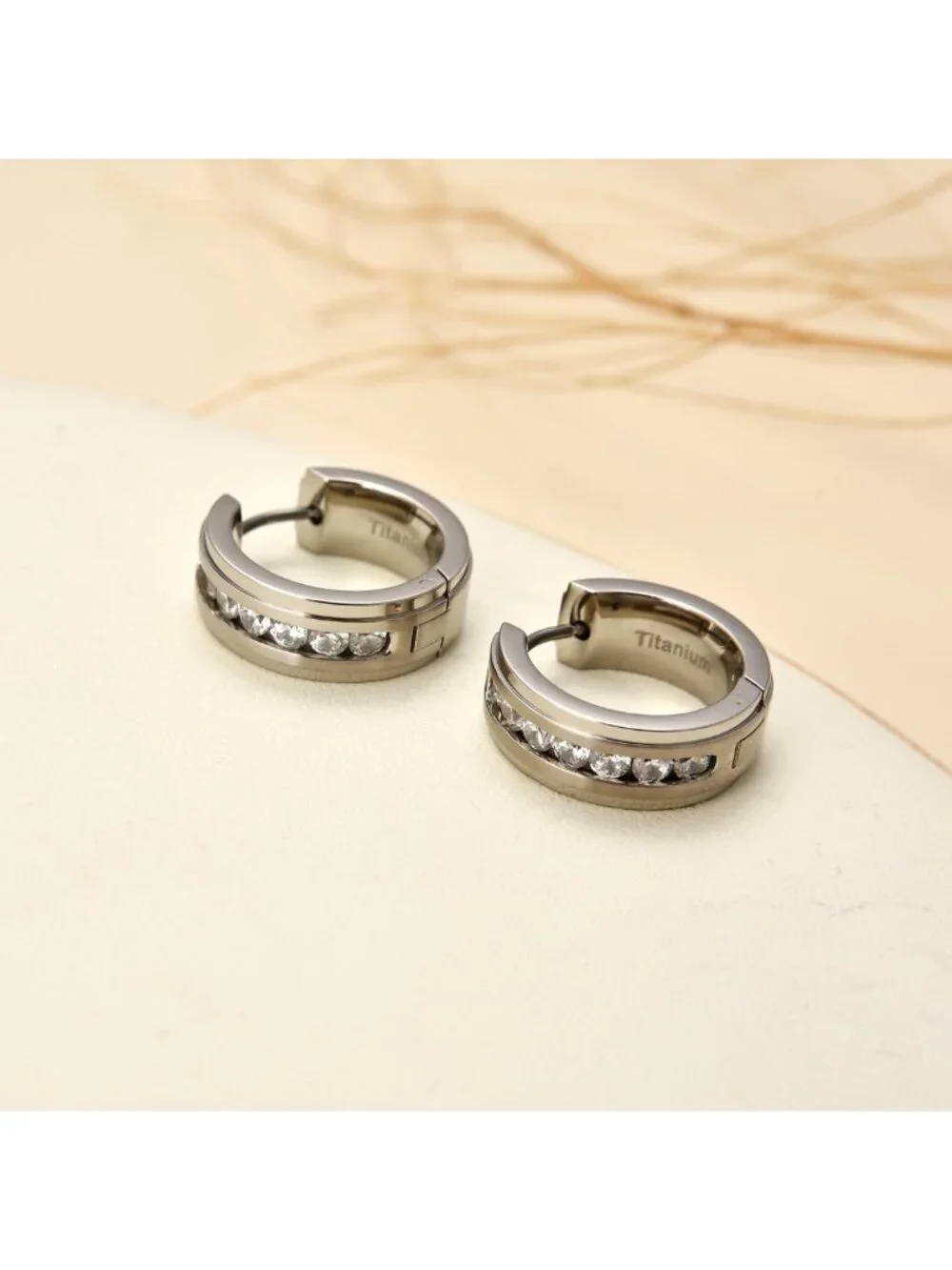 Pure Titanium Huggie Hoop Earrings for Sensitive Ears, CZ Accent, Unisex Style